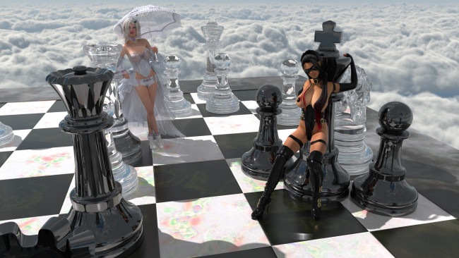 Обои картинки фото 3д графика, фантазия , fantasy, девушки, фон, шахматы, облака