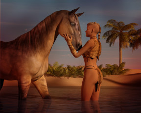 Картинка 3д+графика люди+ people пальмы девушка вода лошадь
