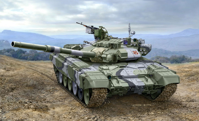 Обои картинки фото рисованные, армия, корд, или, 12, 7-мм, 1x, пулеметы, нсвт, калибр, обт, 125-мм, т-90а, танк, российский