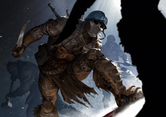 Картинка фэнтези люди костюм маска защита солдат нож схватка шлем арт наемник