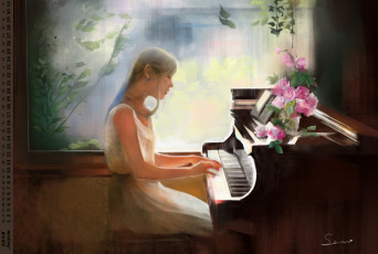 Картинка календари рисованные +векторная+графика девушка окно цветы пианино