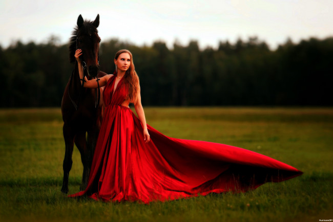 Обои картинки фото девушки, - рыжеволосые и разноцветные, алое, платье, луг, лошадь