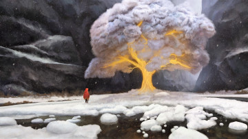 Картинка фэнтези магия скалы снег дерево человек