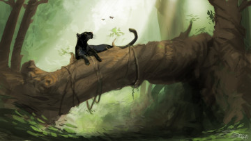 Картинка рисованные животные джунгли лес бабочки багира дерево пантера