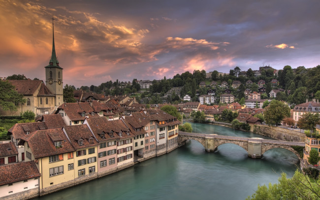 Обои картинки фото города, берн, швейцария, закат, пейзаж, дома, здания, река