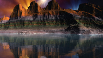 Картинка fantasy canyon landscape 3д графика nature природа каньон скалы река сияние отражение
