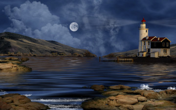 Картинка harbor light 3д графика nature landscape природа облака маяк луна бухта вечер