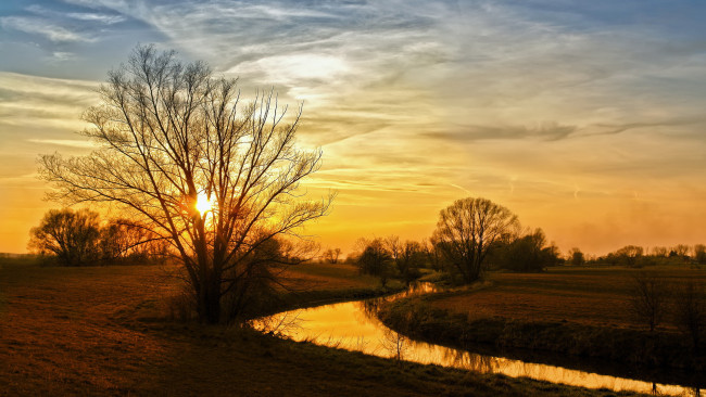 Обои картинки фото природа, восходы, закаты, деревья, река