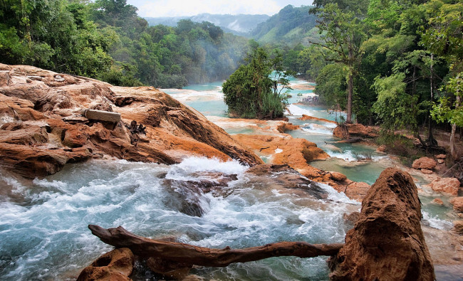 Обои картинки фото cascadas, de, agua, azul, chiapas, природа, реки, озера, горы, лес, река, камни, бревна, поток, стремнина