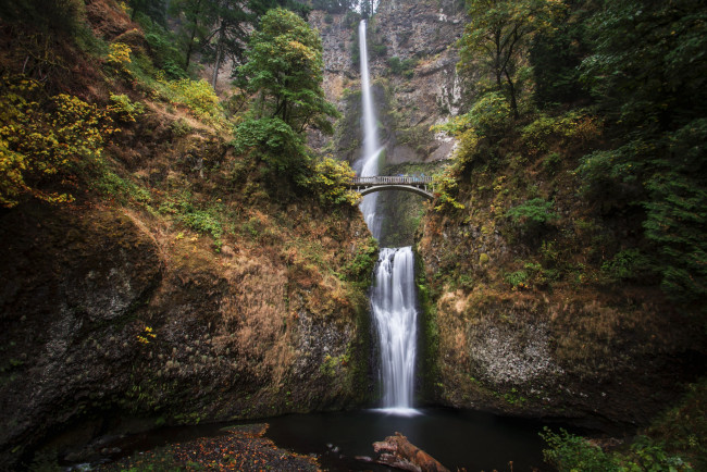 Обои картинки фото multnomah, falls, oregon, природа, водопады, водопад, малтнома, скалы, поток, мост, орегон