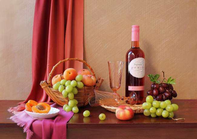 Обои картинки фото еда, натюрморт, вино, бутылка, виноград, персики