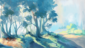 Картинка рисованное природа пейзаж деревья трава
