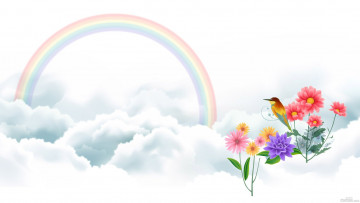 Картинка векторная+графика цветы+ flowers облака радуга цветы птица