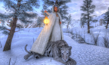 Картинка 3д+графика фантазия+ fantasy деревья река тигр фонарь снег фон взгляд девушка