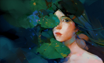 Картинка рисованное люди девушка взгляд листья