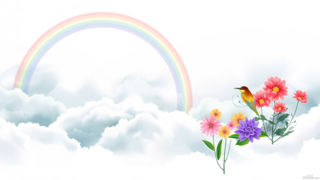 Обои картинки фото векторная графика, цветы , flowers, облака, радуга, цветы, птица