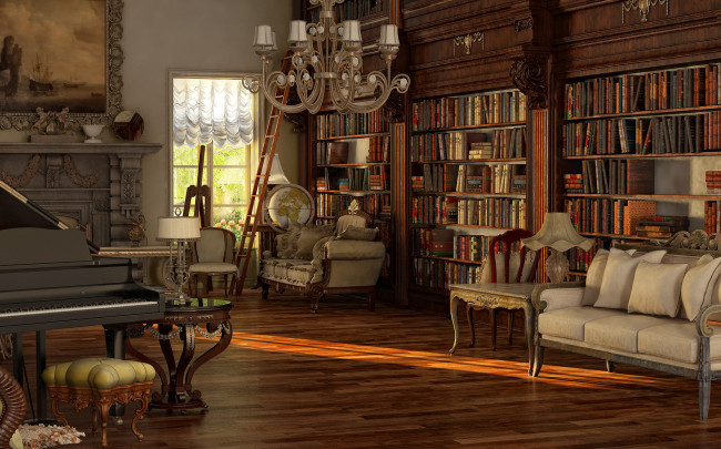 Обои картинки фото 3д графика, реализм , realism, стол, диван, комната, окно, стулья, пианино, светильник, картины, книги