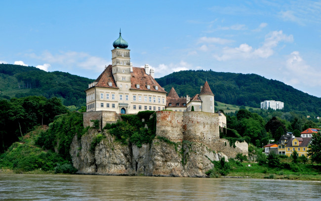 Обои картинки фото города, - дворцы,  замки,  крепости, горы, деревья, лес, дома, замок, дворец, скала, река, wachau, австрия