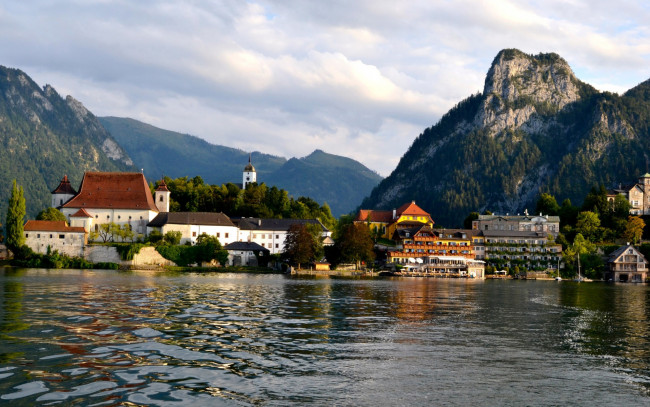 Обои картинки фото города, - пейзажи, австрия, горы, скалы, деревья, берег, дома, озеро