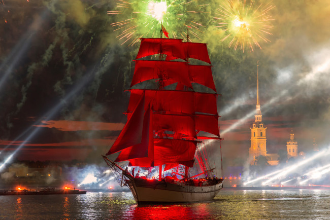 Обои картинки фото корабли, парусники, 2015, алые, паруса, салют, закат, санкт-петербург