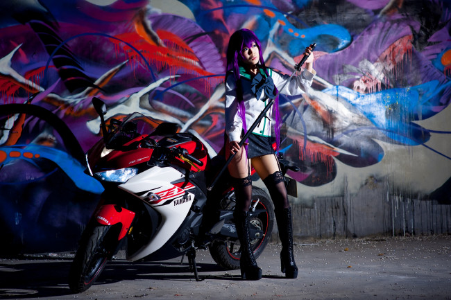 Обои картинки фото мотоциклы, мото с девушкой, девушка, мотцикл, образ, азиатка