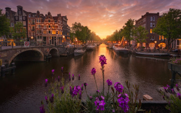 Картинка города амстердам+ нидерланды канал вечер огни