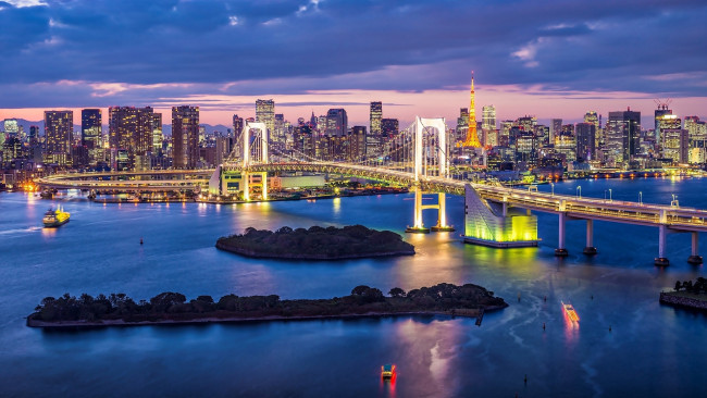 Обои картинки фото города, токио , япония, мост, вечер, огни