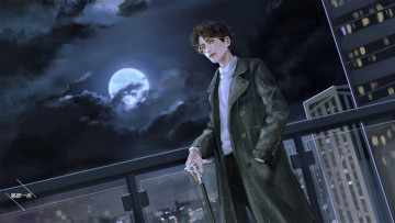 Картинка рисованное люди мужчина луна тучи трость дома ночь