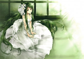 обоя аниме, *unknown, другое, цветы, зеленые, волосы, платье, девушка, невеста