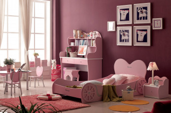 Картинка интерьер детская комната тумбочка стол лампа сердце розовый кровать игрушки