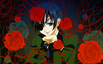 обоя black, butler, аниме, kuroshitsuji, ciel, phantomhive, розы