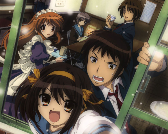 Обои картинки фото аниме, the, melancholy, of, haruhi, suzumiya, девушки, чай