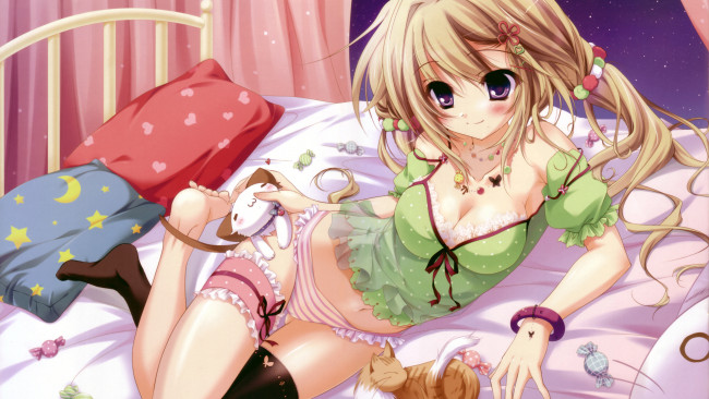 Обои картинки фото аниме, animals, кровать, девушка, подушки, конфеты, кошка
