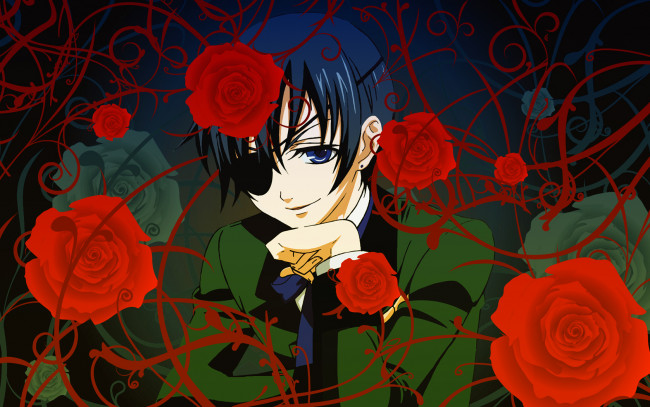Обои картинки фото black, butler, аниме, kuroshitsuji, ciel, phantomhive, розы