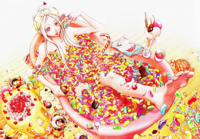 Обои картинки фото аниме, deadman, wonderland, ванна, сладости, конфеты, кексы, мороженное, shiro