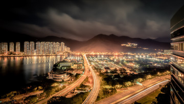 Картинка sha tin hoi hong kong china города гонконг китай дороги ночной город река шинг мун shing mun river панорама горы огни