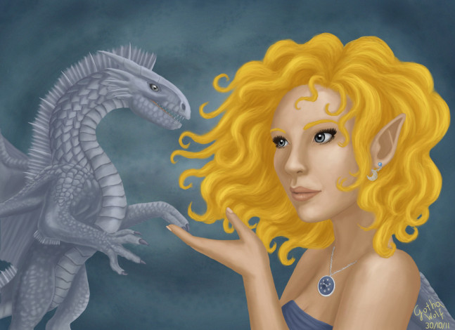 Обои картинки фото рисованные, другое, дракон, эльфийка, девушка