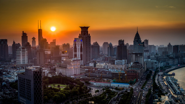 Обои картинки фото shanghai, china, города, шанхай, китай, закат, здания, небоскрёбы, панорама