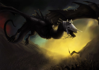 Картинка фэнтези драконы цепи череп крылья полет дракон арт фантастика