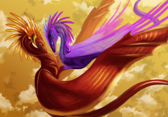 Картинка фэнтези драконы фиолетовый красный цвета фантастика арт полет