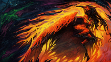 Картинка фэнтези существа фантастика арт феникс жар птица клюв взгляд крылья огонь