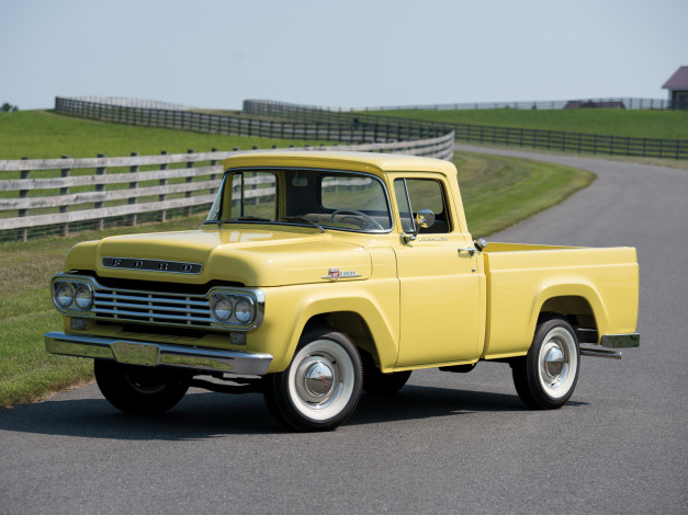 Обои картинки фото автомобили, ford, pickup, styleside, cab, custom, f-100, 1959г, желтый