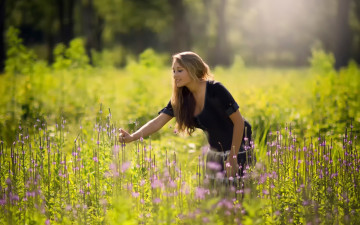 Картинка девушки -unsort+ блондинки цветы трава поле улыбка блондинка