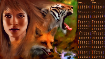 Картинка календари рисованные +векторная+графика calendar девушка лицо тигр лиса животное морда 2019