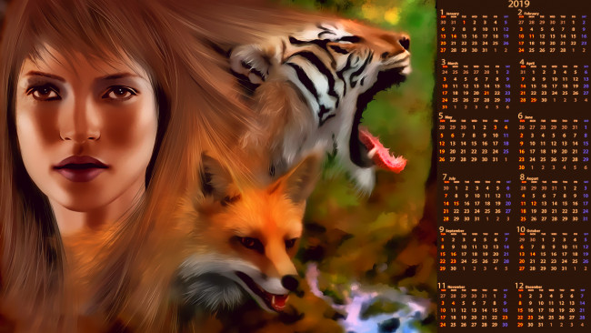 Обои картинки фото календари, рисованные,  векторная графика, calendar, девушка, лицо, тигр, лиса, животное, морда, 2019