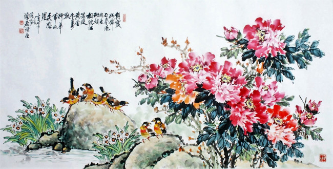 Обои картинки фото рисованное, цветы, птицы, камни
