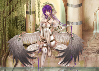 Картинка аниме angels demons колонны цветы ива крылья фэнтези вода дерево