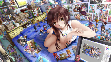 Картинка аниме weapon blood technology девушка игрушки взгляд арт фото книги плакаты графический+планшет компьютер кровать