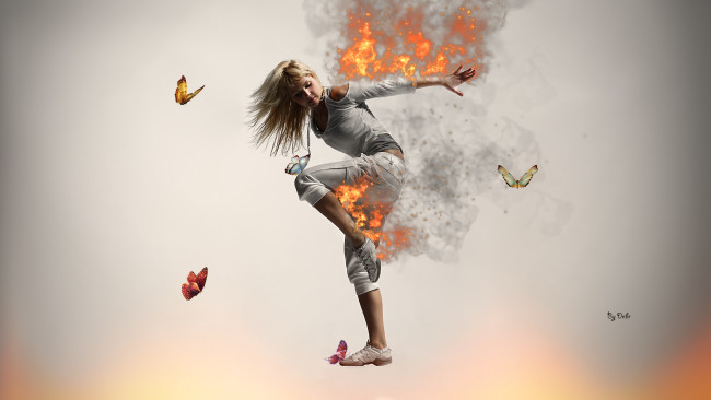 Обои картинки фото -Unsort Креатив, девушки, unsort, креатив, пламя, бабочки