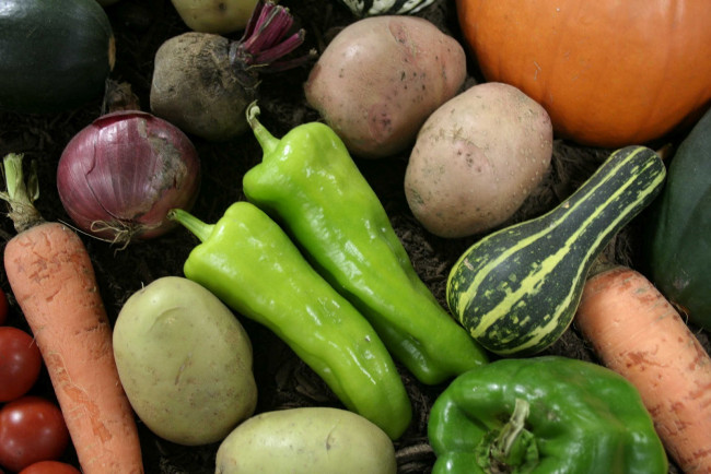 Обои картинки фото еда, овощи, помидоры, перец, лук, картошка